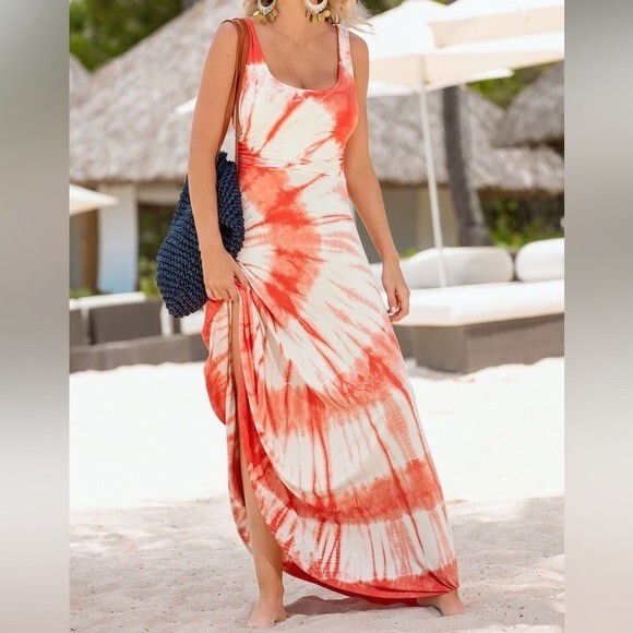 Boston Proper Orange White Tie-Dye Sleeveless Maxi Dress SIZE XS