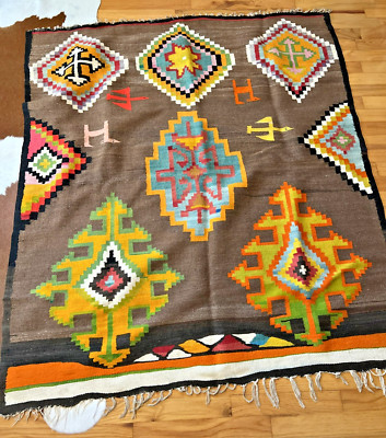 Handwoven Wool Kilim Rug 50x55 Boho Wall Hanging Turkish Geometric Phoenix