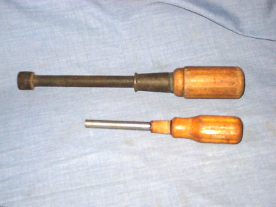 *PAIR of Vintage Wooden Handle Stevens Walden Spintite Nut Drivers - 1/2'', 3/16''