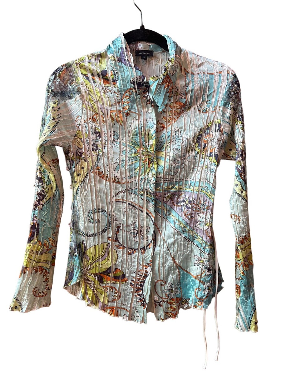 Komarov Top Blouse Shirt Crinkle Lace Sleeve Pleated Silky