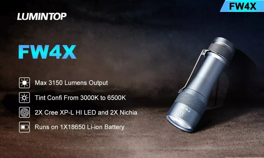 Lumintop FW4X Compact 3150 lumen 18650 LED torch EDC Cree 3000K to Lumintop FW4X Compact 3150 lumen 18650 LED torch EDC Cree 3000K to