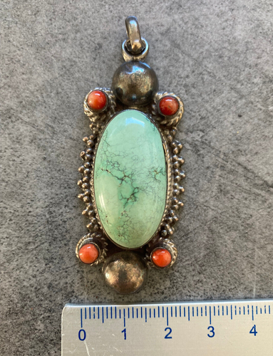 Pendentif Massif En Argent 925 Avec Turquoise Et Corail - 21,4 Grammes