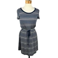 Olive + Oak Women's Blue Gray Striped Short Sleeve Adjustable Dress Size Small
