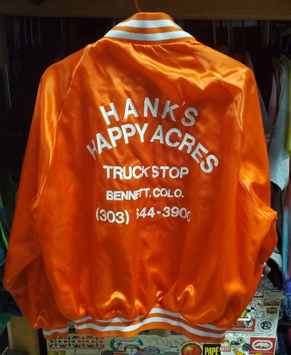 PLA-JAC / DUNBROOKE " HANKS HAPPY ACRES TRUCK STOP " Bomber Orange Jacket XLarge - product listing photo