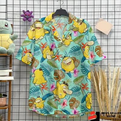 #ad Psyduck Pokemon Hawaiian Shirt Button Up Shirt Psyduck Anime Aloha Hawaiian Shir $21.11