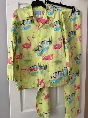 Nick & Nora Pajamas Flamingos MCM Backyard Pool Lawn Mower SZ Small Medium GIFT