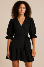 SEED BLACK LONG SLEEVED FAUX WRAP DRESS SIZE 10