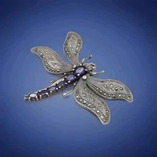 Vintage 925 Silver Marcasite & Amethyst Large Dragonfly Pendant
