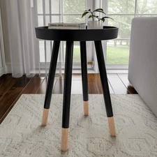 Round End Table – Wooden Mid-Century Modern Stand with Tray Top to Hold Drink...