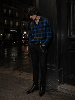 SAINT LAURENT HEDI SLIMANE SHADOW PLAID NAVY BLACK SHIRT SIZE XL