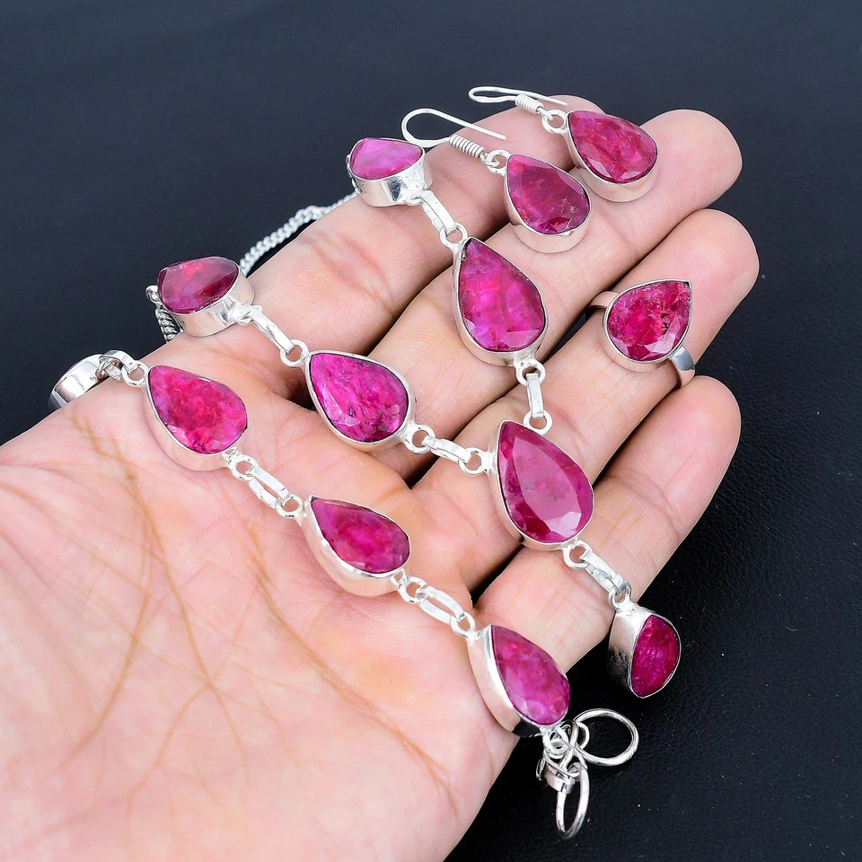 Juego de joyas de plata de ley 925 hechas a mano con piedras preciosas de pera rubí rojo de Cachemira VJ 918 Foto 4 de 4