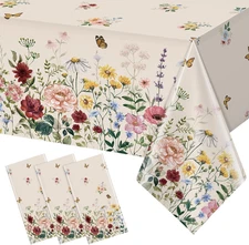 3 Pcs Spring Floral Tablecloth, Butterfly Wildflower Plastic Disposable Tableclo