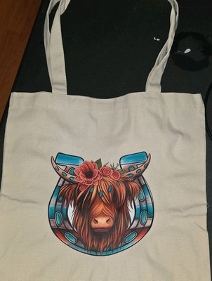 Beige Tote Reusable Shopping Bag Highland Cow Horseshoe Animal Print 14x13x12