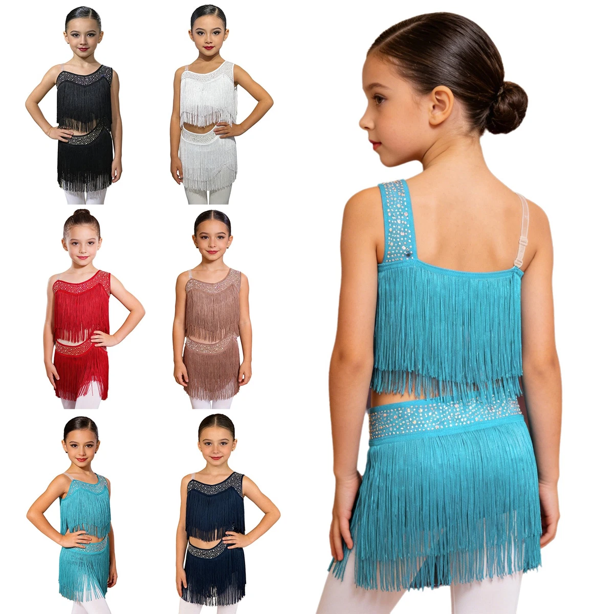 Jhaoyu Body Da Ballo Per Bambina Con Paillettes E Frange - Abito Da Danza Lucido - Taglie 6-16 Anni - 4