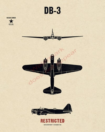 WWII USSR Russian Ilyushin DB-3 Bomber Aircraft Recognition Poster V-1 - Picture 1 of 7