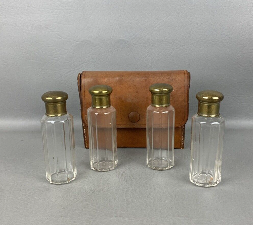 Vintage Leather Case Travel Set Glass bottles Perfume Cologne Toiletries
