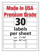 Premium Shipping Address Mailing Labels-Made in USA-1" x 2 5/8"-30/sheet-30 UP