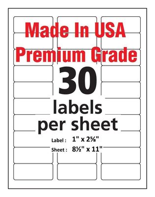 Premium Shipping Address Mailing Labels-Made in USA-1'' x 2 5/8''-30/sheet-30 UP