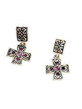 SILVER TONE ETCHED CROSS WITH PURPLE CRYSTAL EARRINGS!