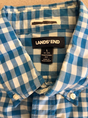 Lands' End Button Down Shirt Men's Large Blue Gingham Plaid Short Sleeve 16.5" - Picture 2 of 4
