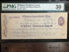 1873 $5 Osceola Consolidated Mining Company Houghton County Michigan PMG 30 VF