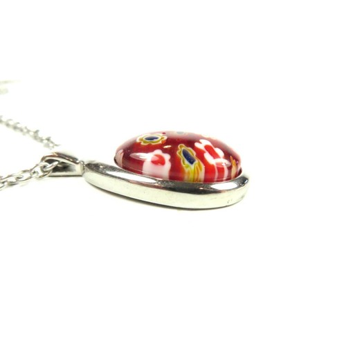 PRETTY MILLEFIORI PENDANT & NECKLACE SET TEARDROP SHAPE FLORAL DESIGN STAINLESS - Picture 3 of 7