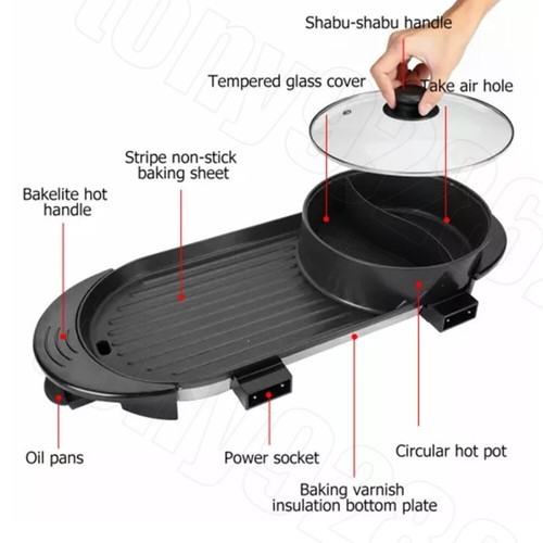 Large Electric 2in1 BBQ Grill Hot Pot Barbecue Oven Non Stick Smokeless Hotpot A - Picture 2 of 12