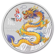 2024-1/2 oz Yellow Year Of The Dragon Silver Color Lunar Perth BU Coin .999 🔥🔥