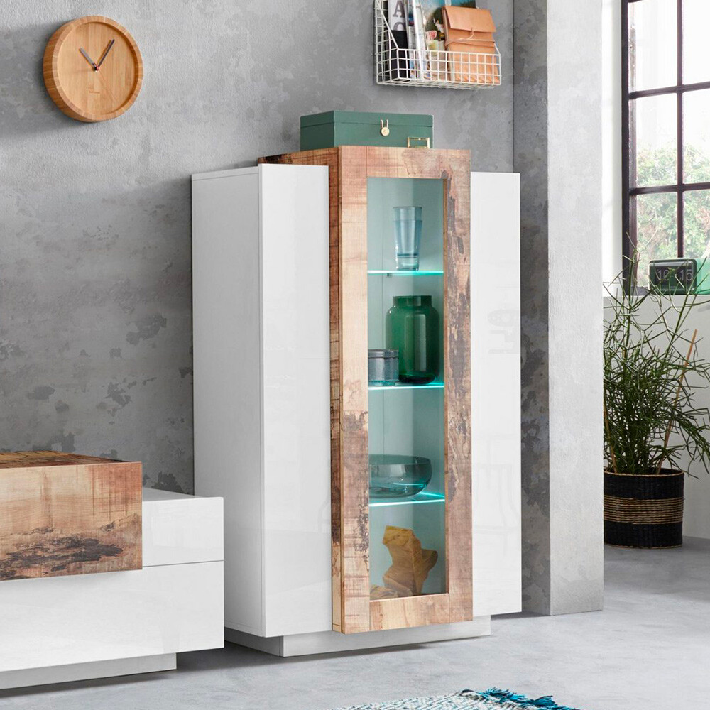 Vitrina diseño blanco brillante y madera para salón Corona