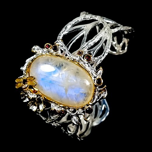 Unique 50 ct Natural Moonstone Bangle 925 Sterling Silver 2.5"/BA03547 - Picture 2 of 8
