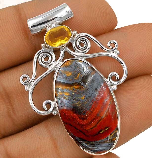 Natural Tiger Iron Jasper Citrine 925 Sterling Silver Pendant B17-9