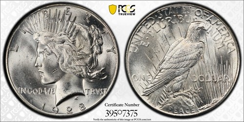 1928 Peace Silver Dollar PCGS MS63 Mint Blast White #7375 - Picture 1 of 5