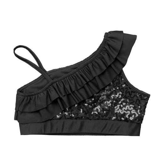 Girls Sequined Ruffled Ballet Dance Crop Top Modern Jazz One Shoulder Cami Vest - Picture 8 of 66