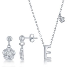 Sterling Silver Shiny "E" with Tiny CZ Flower Necklace and Earrings Set