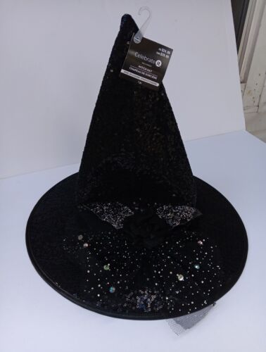 Witch Hat Fancy Black Lace Sequins Bow NWT - Picture 3 of 7