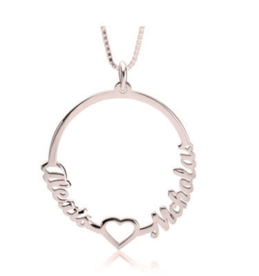 TWO NAMES AND HEART CIRCLE NECKLACE: STERLING SILVER, 24K GOLD, ROSE GOLD