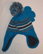 Childrens Place Blue Gray Stripped Knit Hat  Mittens 4T/5T NWOTS 