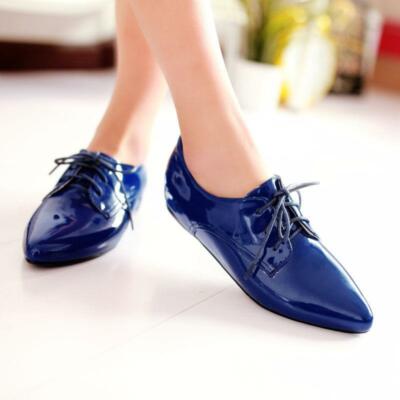 Womens Lace Up faux Patent Leather Flat casual Pointed Toe dress