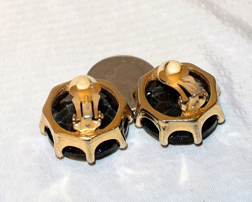 Vtg Lrg Gold Plated Claw Prong Faceted Smokey Quartz Glass Clip Earrings-1" - Picture 4 of 4