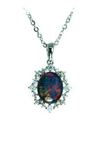 Authentic Halo Australian Triplet Opal Necklace Pendant White Gold Plated Sterling Silver