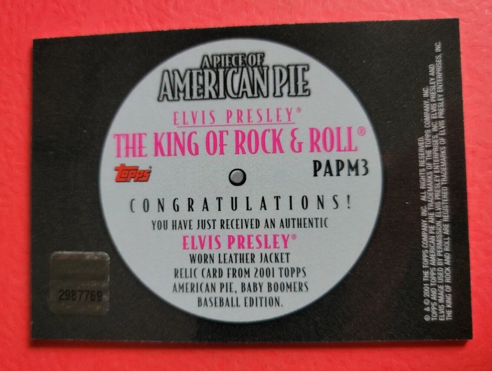 ELVIS PRESLEY WORN LEATHER JACKET SWATCH RELIC CARD 2001 TOPPS AMERICAN PIE KING - Image 2 of 2