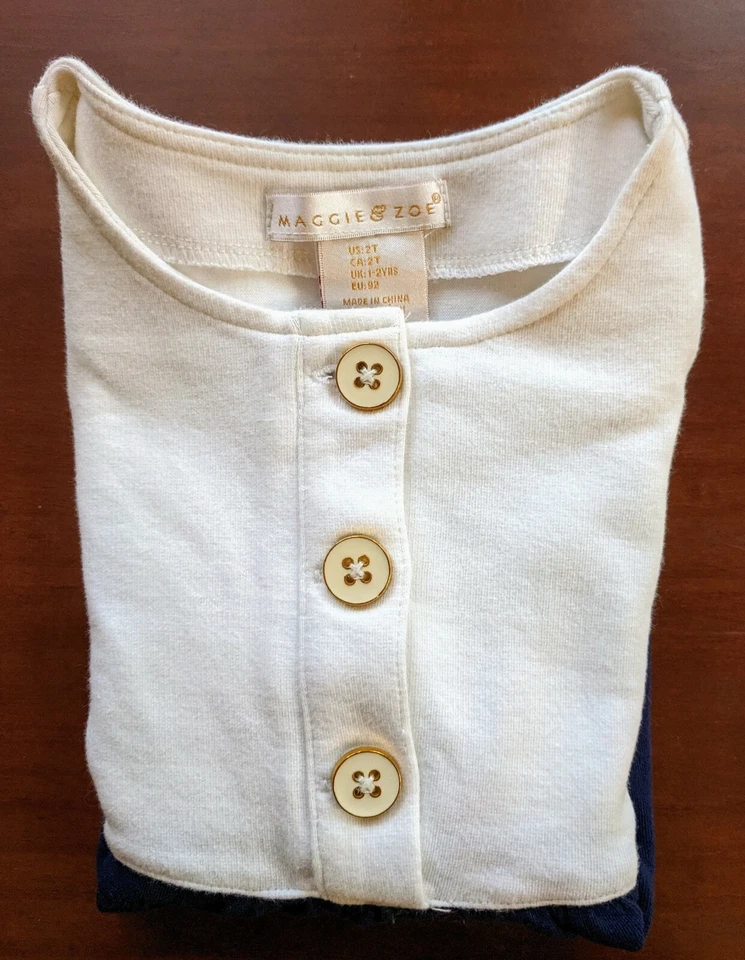 VESTIDO NIÑA MAGGIE & ZOE 2T AZUL MARINO Y MARFIL ALGODÓN TEJIDO BOTONES BOLSILLOS MANGAS GORRA Foto 3 de 4