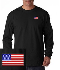 USA American Flag Logo EMBROIDERED Black Long Sleeve Heavy Cotton T-Shirt  New 