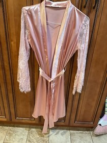Avidlove Women Size S Sexy Pink Satin Lace Arms Lingerie Kimono Belted Robe EUC