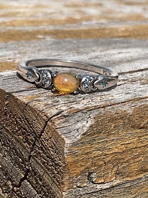 Mexican Red/Orange Fire Opal With Moon And Stars Silver Ring 7