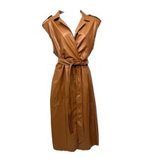 Worthington Sleeveless Trench Dress Women's Large Brown Faux Leather Belted NWT
