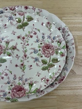 Johnson Brothers Rose Chintz Pink 12" & 13.5" Oval Serving Platter England Lot 2