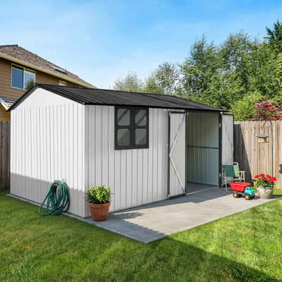 Metal 12' x 10' Storage Shed Garden Shed w/ Window & Hinged Door for Patio Lawn