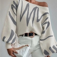 Stylish Off-Shoulder Sweater in Cream and Gray