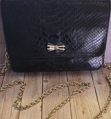Henri Bendel Black Python Leather Crossbody Bag Enamel Bow Gold Chain Clutch WOC
